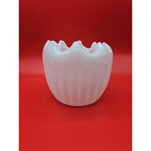 Vintage FENTON White Milk Glass Rose Bowl Vase Ribbed With Crimped Edges